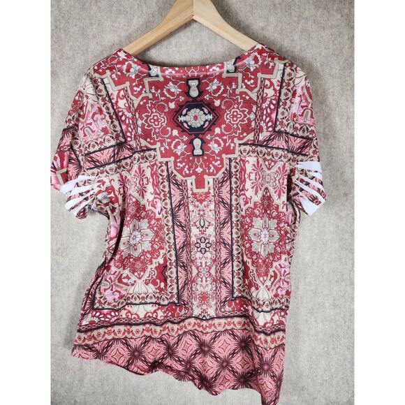 WORLD UNITY Red Pink White Beaded Boho Hippie Short Sleeve Top SZ 2X - Picture 2 of 8